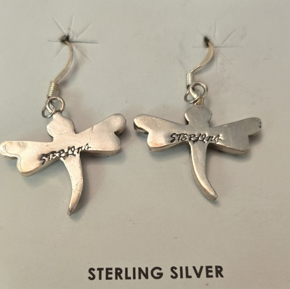 Sterling Silver Dragonfly Earrings White Stone Inlay Turquoise Coral Boho - Picture 2 of 3